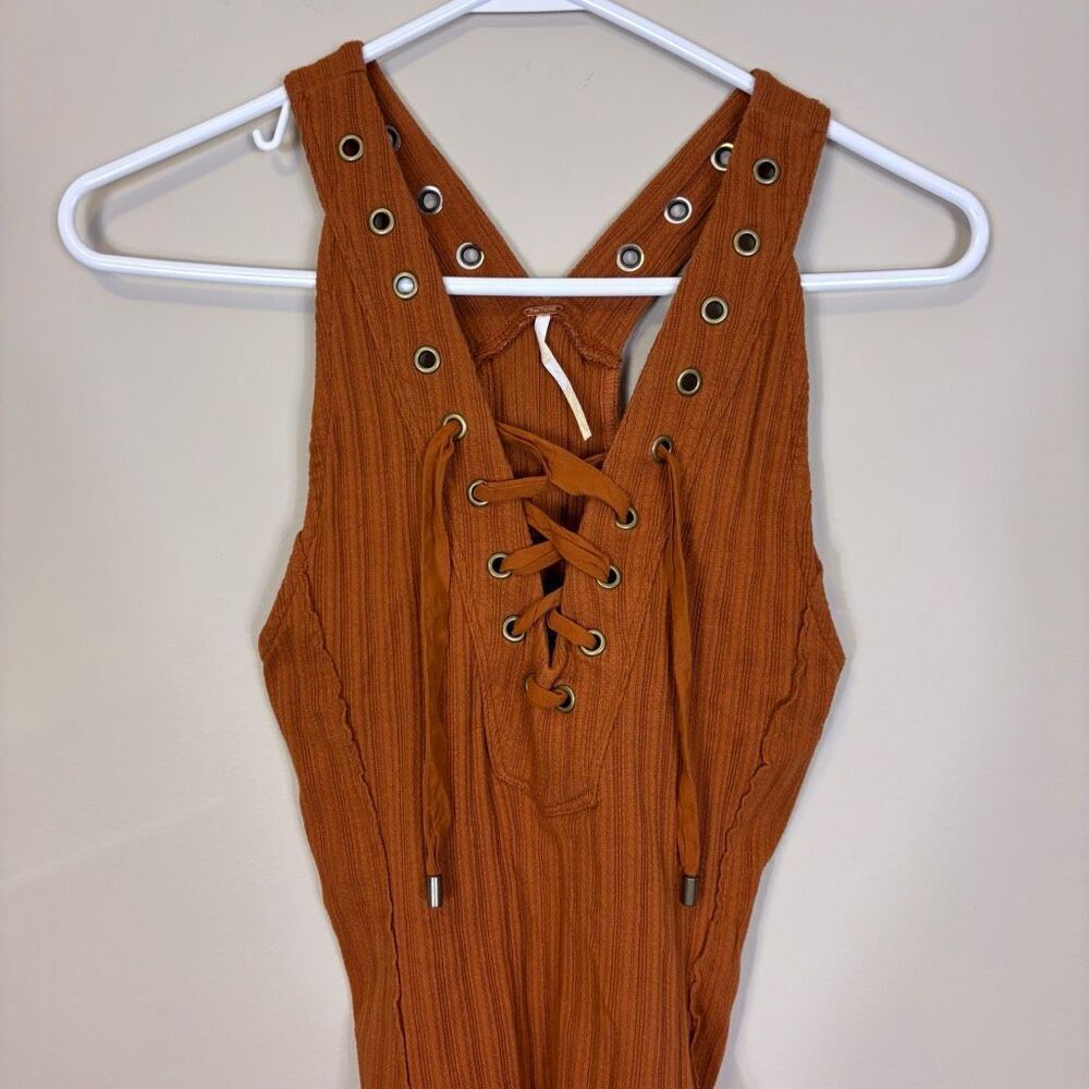 Free People Orange Ribbed Lace Up Fitted Tank Top XS - Picture 3 of 7